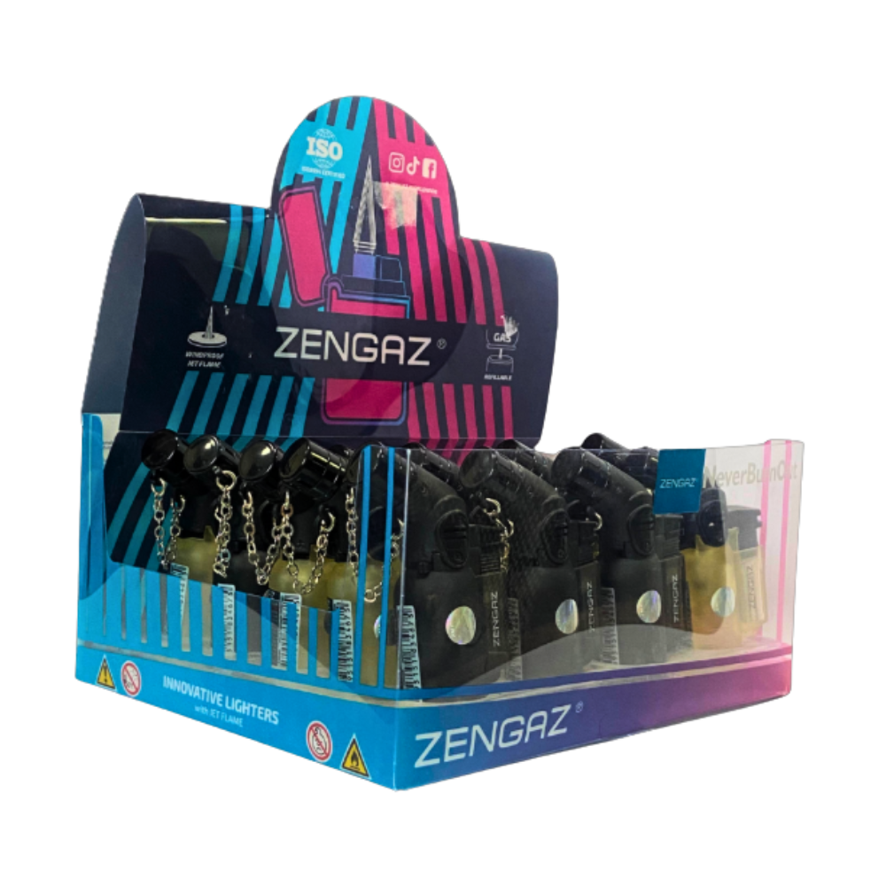 Isqueiro Maçarico Zengaz Zl-14 Angle Jet Emb Preto/Transp - Display C/20