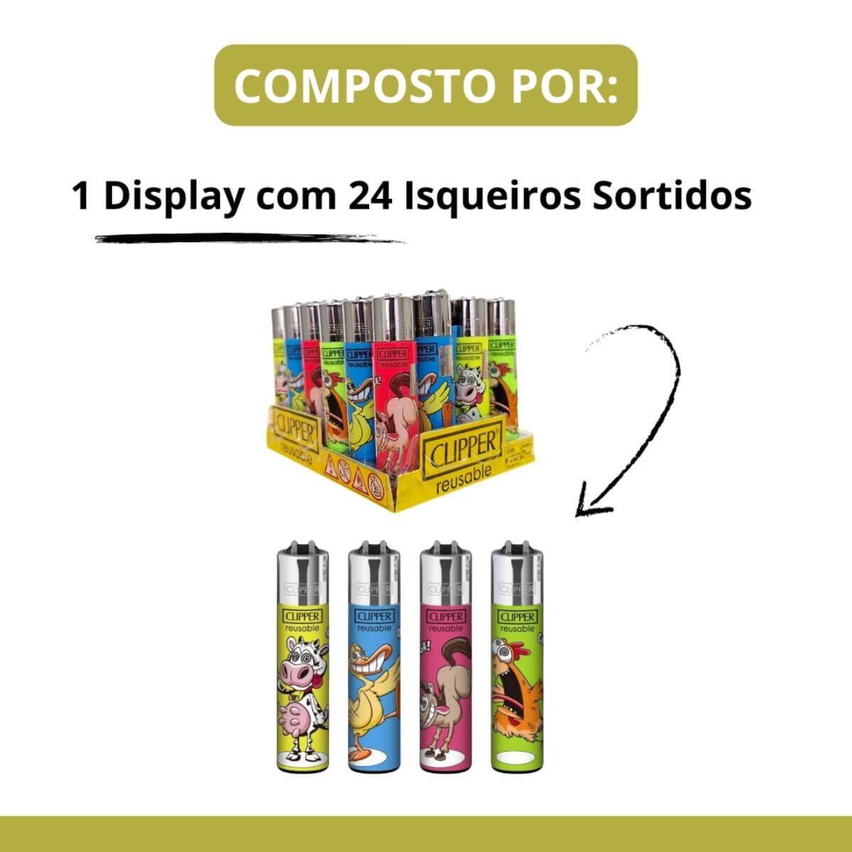 Isqueiro Clipper D24 CP11R CRAZY FARM 1+ LB - Display C/24 (Grande) - Imagem 2