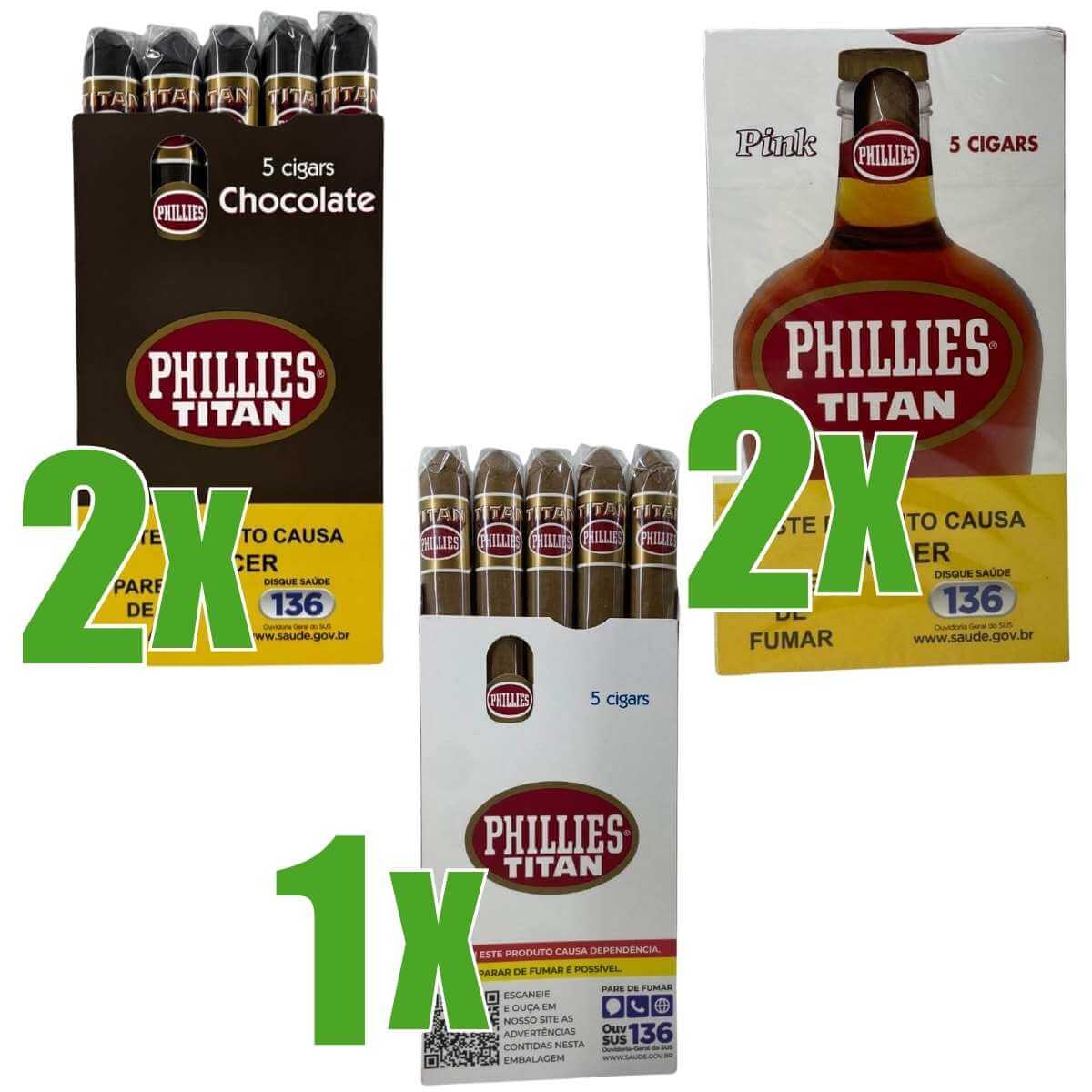 Kit 5 Maços Phillies Titan - 2 Chocolate / 2 Congnac / 01 Tradicional